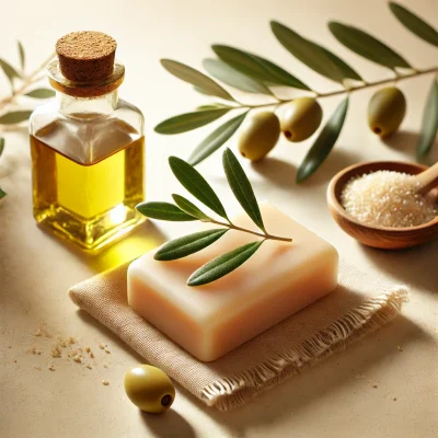 DALL·E 2025-01-19 23.08.38 – A gentle and natural composition showing an olive oil soap bar placed next to a small bottle of olive oil and fresh olive branches, symbolizing skinca DALL·E 2025-01-19 23.08.38 - A gentle and natural composition showing an olive oil soap bar placed next to a small bottle of olive oil and fresh olive branches, symbolizing skinca