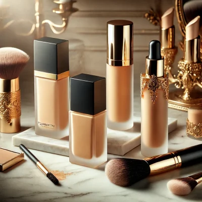 DALL·E 2025-02-09 15.32.45 – A stylish flat lay of five different foundation bottles from luxury brands arranged on a marble countertop. The scene includes elegant gold accents, m DALL·E 2025-02-09 15.32.45 - A stylish flat lay of five different foundation bottles from luxury brands arranged on a marble countertop. The scene includes elegant gold accents, m
